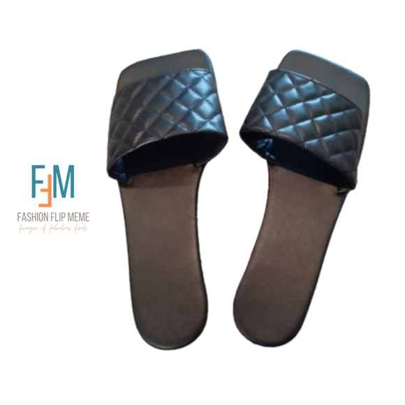 Quilted Leather Square Toe Flats Slip-On Slides Sandals - Picture 2 of 9